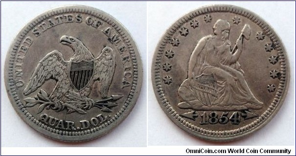 1854 Seated Liberty Quarter. Ag 900. Weight; 6,22g.