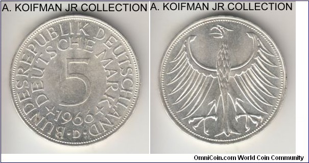 KM-112.1, 1966 Germany 5 marks, Munich mint (D mint mark); silver, lettered edge; circulation issue, common year, nice bright uncirculated.