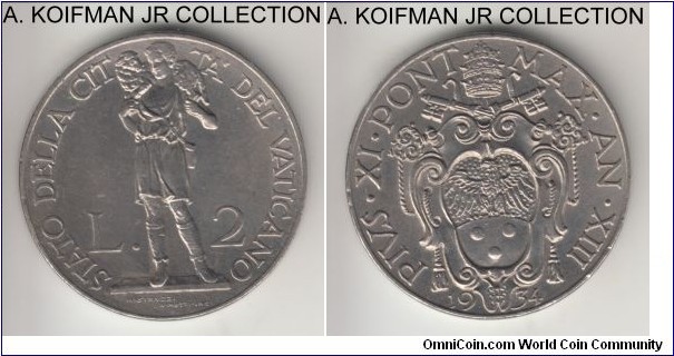 KM-6, 1934 Vatican 2 lire; nickel, plain edge; XIII year of Pius XI, mintage 50,000, good extra fine.