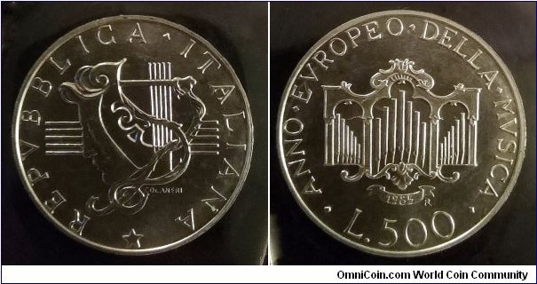 Italy 500 lire. 1985, European Year of the Music. Ag 835. Weight; 11g. Diameter; 29,3mm. Mintage: 95.535 pcs.
