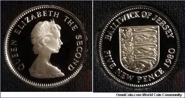 Jersey 5 new pence  from Royal Mint 1980 proof set. Mintage: 7.800 pcs.