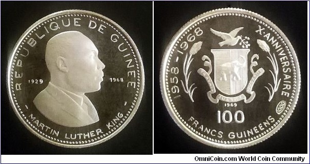 Guinea 100 francs. 1969, Martin Luther King. Ag 999. Weight; 5,65g. Diameter; 21mm. Proof. Mintage: 9.700 pcs.