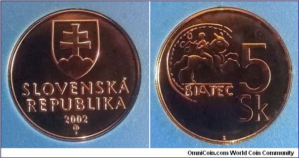 Slovakia 5 korun from 2002 mint set. Krause incorrectly reports proof issues  of slovak circulation coins in 2002. In fact, they have been issued in boxed annual uncirculated  mint sets in the number of 16.100 pcs.