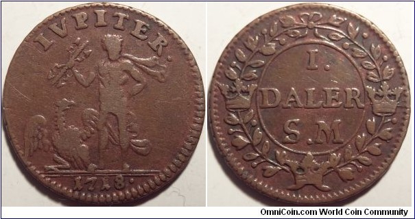 AE Daler SM 1718, Jupiter with eagle type. Copper emergency coinage issued during the Northern Wars. 