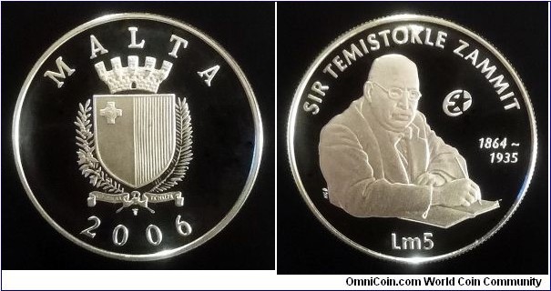 Malta 5 liri. 2006, Sir Themistocles Zammit. Ag 925. Weight; 28,28g. Diameter; 38,61mm. Struck at Royal Dutch Mint (Utrcht, Netherlands) Proof. Mintage: 15.000 pcs.