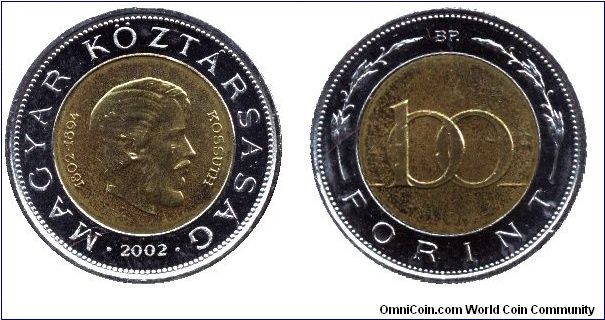 Hungary, 100 Forint, 2002, commemorative coin for the bicentennial of Kossuth's birth. Kossuth was Hungary's President during the Independence War of 1848-49.                                                                                                                                                                                                                                                                                                                                                      