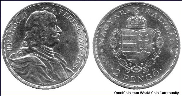 Hungary, 2 pengo, 1935, Ag, commemorating the bicentennial of the death of Prince Rakóczi(1676-1735), leader of the 1703-1711 Independence War.                                                                                                                                                                                                                                                                                                                                                                                