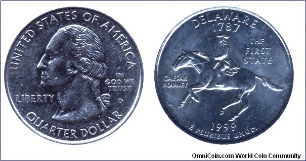 USA, 1/4 dollar, 1999, MM: D, Delaware - 1787, The first State, Caesar Rodney, Washington                                                                                                                                                                                                                                                                                                                                                                                                                           
