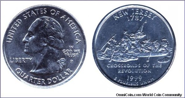 USA, 1/4 dollar, 1999, MM: P, New Jersey -1787, Crossroads of the revolution, Washington                                                                                                                                                                                                                                                                                                                                                                                                                            