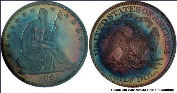 Seated Liberty Half Dollar.  Only 625 proof half dollars were struck in 1867 and high grade Cameo examples are difficult to locate. In fact, NGC has only certified five other examples in PF-65 and three finer. This is a deeply reflective proof that shows lovely, multicolored toning over each side. The contrast between the fields and devices is apparent even through the multiple layers of color. The coin is fully struck in all areas.