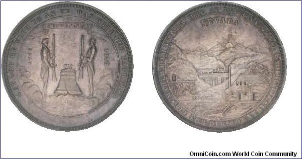 1876 NEVADA SILVER DOLLAR (HK#19, Silver).  A US Centennial Exposition medal designed by William Barber and struck at the Philadelphia Mint using Nevada silver. The reverse design incorporates mining, transportation, and agricultural elements. A proof-like example with lovely original patina.