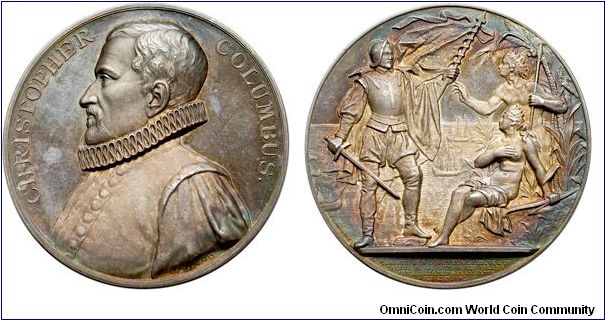 Christopher Columbus Exposition Medal, Struck in Silver,designed by Lea Ahlborn.
Eglit-112. A spectacular, shimmering beauty that combines dazzling colors and outstanding original mint luster with superb prooflike surfaces. An extremely scarce type.  NGC MS-64.