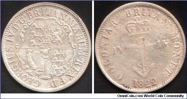 1822/1 $1/4 `anchor' trade coinage for British West Indies. Clear overdate.