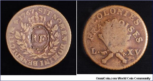 Collots, Struck in Paris for French colonies, the RF countermarked collots was used in Louisiana and circulated as a cent in the east. It is collected as an American colonial coin.