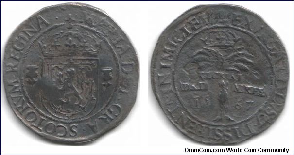 Mary Queen of Scots silver Ryal. This one has been curated. It bears the  crowned thistle counterstamp of 1578 which revalued it upwards from 30 shillings to 36 shillings and 9 pence Scots.
