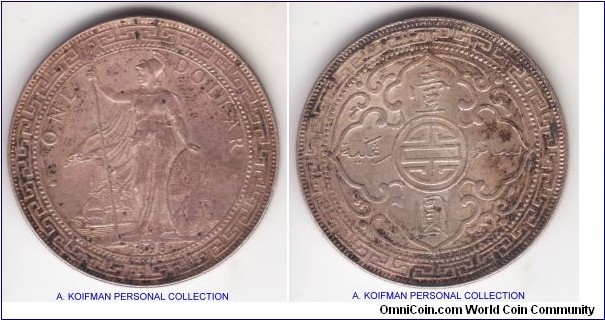 KM-T5, 1896 Great Britain trade dollar, Bombay mint (B mint mark in the trident); silver, reeded edge; extra fine with nice luster under some toning and dirt which I decided not to remove, possibly collection piece due to peculiar rim toning, scarcer year and issue.