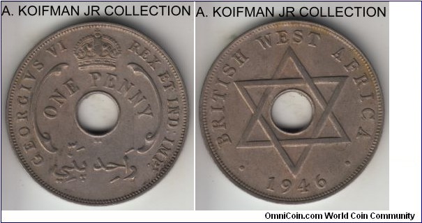 KM-19, 1946 British West Africa penny, Pretoria (South Africa) mint (SA mintmark); copper nickel, plain edge; George VI, rare, good very fine or better.