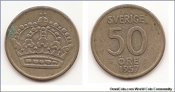 50 Ore
KM#825
4.8000 g., 0.4000 Silver 0.0617 oz. ASW, 22 mm. Ruler: Gustaf VI
Obv: Value and date Rev: Crown