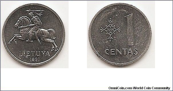 1 Centas
KM#85
0.6200 g., Aluminum, 18.73 mm. Obv: National arms Rev:
Large value to right of design