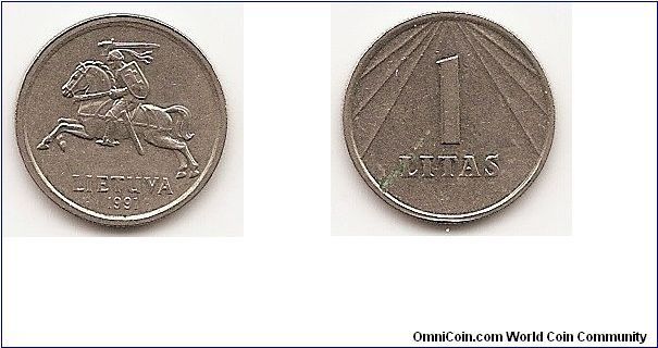 1 Litas
KM#91
Copper-Nickel, 22.3 mm. Obv: National arms Rev: Value with
lines above