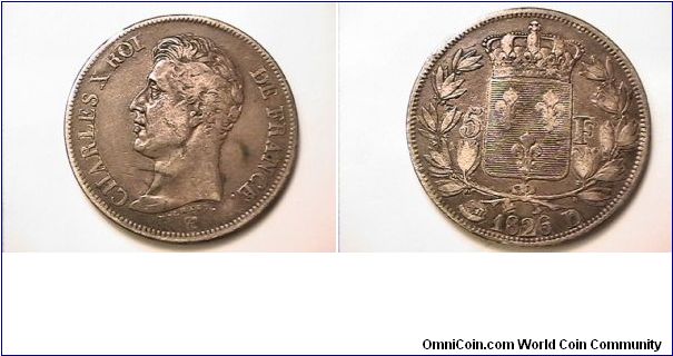 CHARLES X ROI DE FRANCE
5 FRANC
1826-D (LYON)
.900 silver