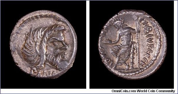 Denarius of C. Vibius C.f.C.n. Pansa, Rome. Mask of Pan on the obverse, Jupiter seated on the reverse.
