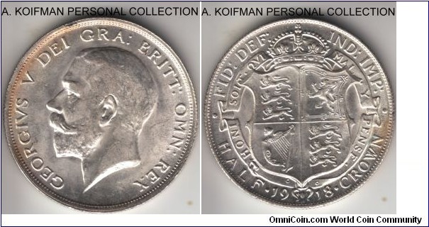 KM-818.1, 1918 Great Britain 1/2 crown; silver, reeded edge; nice white uncirculated, little peripheral toning.