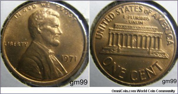 1971 Lincoln Cent
Mintmark: None (for Philadelphia, PA) below the date