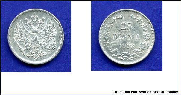 25 pennia.
Nicolaus II (1894-1917).
Grand Duchy of Finland.


Ag750f. 1,27gr.