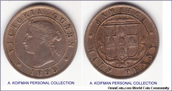 KM-16, 1899 Jamaica half penny; copper nickel, plain edge; very fine or about, most likely lightly cleaned in the past.