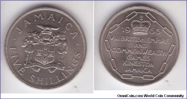 KM-40, 1966 Jamaica 5 shillings (crown) issued for commemoration of the VIII British Empire and Commonwealth Games in Kingston Jamaica