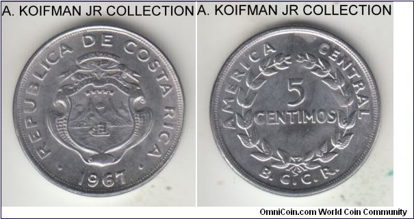 KM-184.1a, 1967 Costa Rica 5 centimos; San Francisco mint; stainless steel, reeded edge; struck in 1967-68, better uncirculated grade.