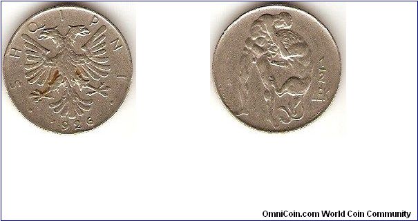 1/2 lek
double-headed eagle
naked figure struggling with lion
nickel