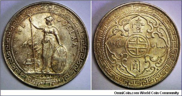 British Trade Dollar, 1901B, One Dollar. 26.9568g, 0.9000 Silver, .7800 Oz. ASW. VF+. Nicely toned.