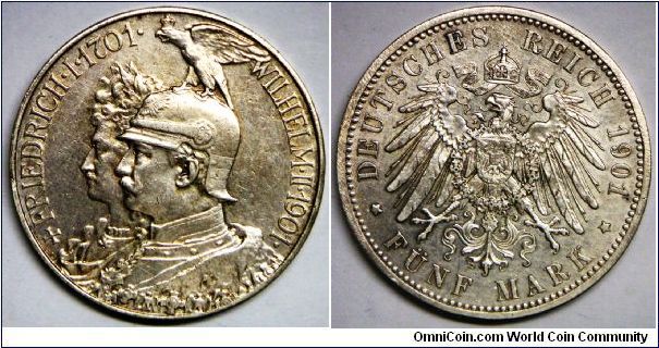 German States 5 Mark, 1901A - Kingdom of Prussia 200 Years. Obverse: Friedrich I (Right), Wilhelm II (Left). 27.7770 g, 0.9000 Silver, .8038 oz. ASW, 38mm. File marks on edge, cleaned; otherwise near extremely fine.