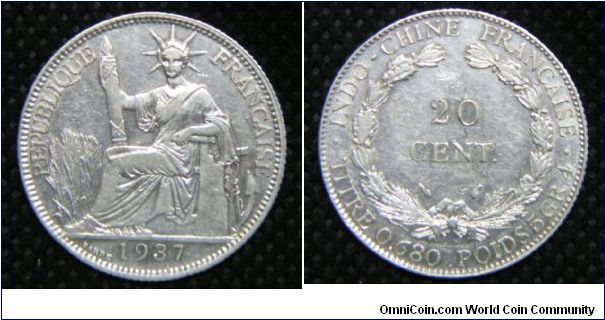 French Indo-China (French Colony), 20 Cents, 1937a, 5.4000 g, 0.6800 Silver, .1181 Oz ASW, Mintage: 17,500,000 units.  Good Very Fine