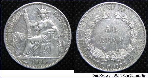 French Indo-China (French Colony), 50 Cents, 1936a, 13.5000 g, 0.9000 Silver, .3906 Oz ASW, Mintage: 4,000,000 units. Very Fine.