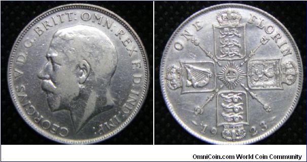 King George V, British One Florin (2 Shillings), 1923. 11.3104 g, 0.5000 Silver, .1818 Oz. ASW., 28.3mm, Mintage: 21,547,000 units. Good fine, reverse better.