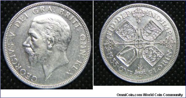 King George V, British One Florin (2 Shillings), 1935. 11.3104 g, 0.5000 Silver, .1818 Oz. ASW., 28.3mm, Mintage: 21,547,000 units. Good VF.