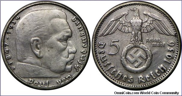 Germany, Third Reich, 5 Reichsmark, 1936D. 13.88g, 0.9000 Silver, .4016 Oz. ASW., 29mm. Subject: Swastika-Hindenburg Issue. Mintage: 1,872,000 units. Clean, rim filling marks, otherwise nearly very fine, reverse better.