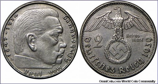 Germany, Third Reich, 2 Reichsmark, 1939D. 8g, 0.6250 Silver, .1607 Oz. ASW., 27mm. Subject: Swastika-Hindenburg Issue. Mintage: 13,201,000 units. Cleaned, rim filling marks, otherwise Good very fine to extremely fine.