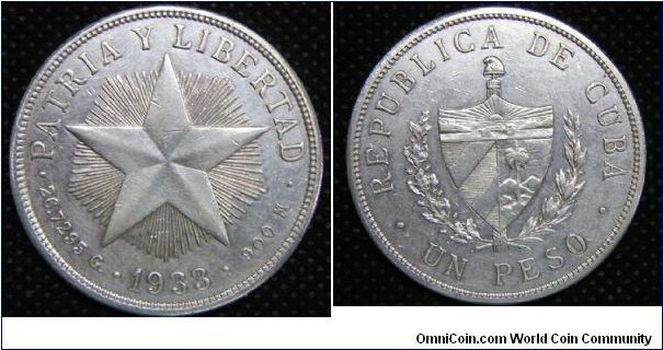 Cuba, First Republic (1902 - 1962), One Peso, 1933. 26.7295 g, 0.9000 Silver, .7735 Oz. ASW., Mintage: 6,000,000 units. Good VF.