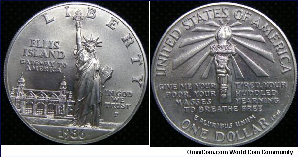 United States, Statue of Liberty Centennial, One Dollar, 1986P. 26.7300 g, 0.9000 Silver, .7736 Oz. ASW., 38.1mm. Mintage: 773,635 units. UNC.