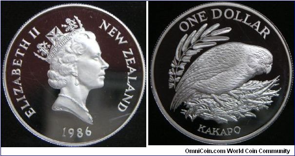 Queen Elizabeth II, 1986, Kakapo Bird, One Dollar. 27.2160 g, 0.9250 Silver, .8095 Oz. ASW., 38.8mm, Mintage: 20,500 units. PROOF.
