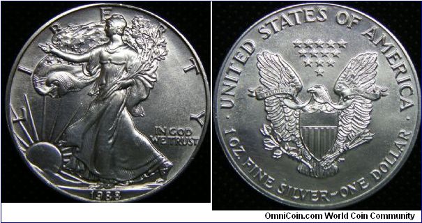 United States, American Eagle Bullions Silver Dollar, 1988. 31.101 g, 0.9993 Silver, 1.0000 Oz. ASW. Mintage: 5,004,646 units. UNC.