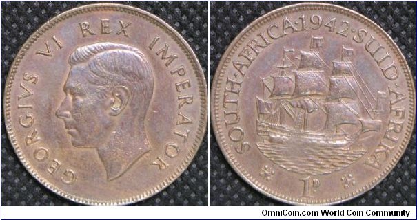 King George VI, South Africa One Penny, 1942. Bronze, 30.8mm. Mintage: 14,428,000 units. XF.