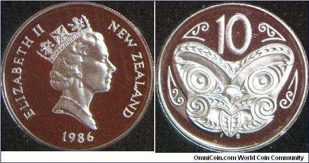 Queen Elizabeth II, New Zealand 10 Cents, 1986I. 5.6500 g, Copper-Nickel, 23.62mm. Mintage: 10,000 units. PROOF.