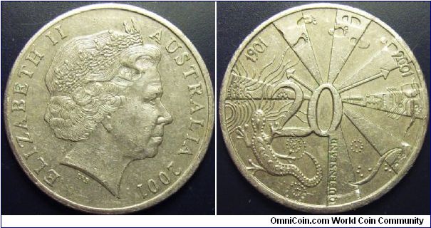 Australia 2001 20 cents, commemorating Queensland. Pulled from circulation.