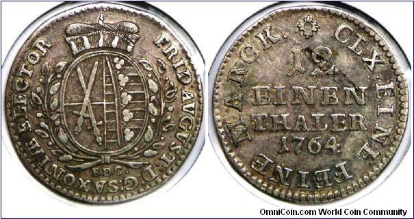 German States - Saxony, Friedrich August III (1733 - 1763), 1/12 Thaler (Doppelgroschen), 1764 EDC. 3.3400 g, 0.4370 Silver, 0.0469 Oz. ASW. VF+.
