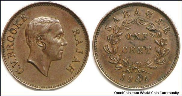 Sarawak, British Colony, Rajah Charles V. Brooke (1917 - 1946), One Cent, Bronze, 1941 H. Very Fine (with chop mark on the year '4', below of A (from 'Sarawak') and obverse side, otherwise EF). Key Date,  Estimate 50 pieces exist. Very rare.